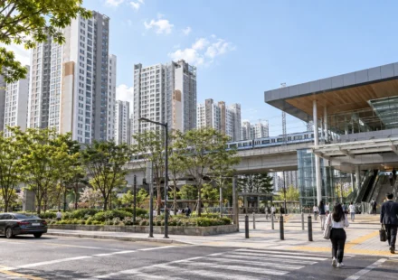수원 주거지역과 대중교통 시설이 함께 보이는 전경