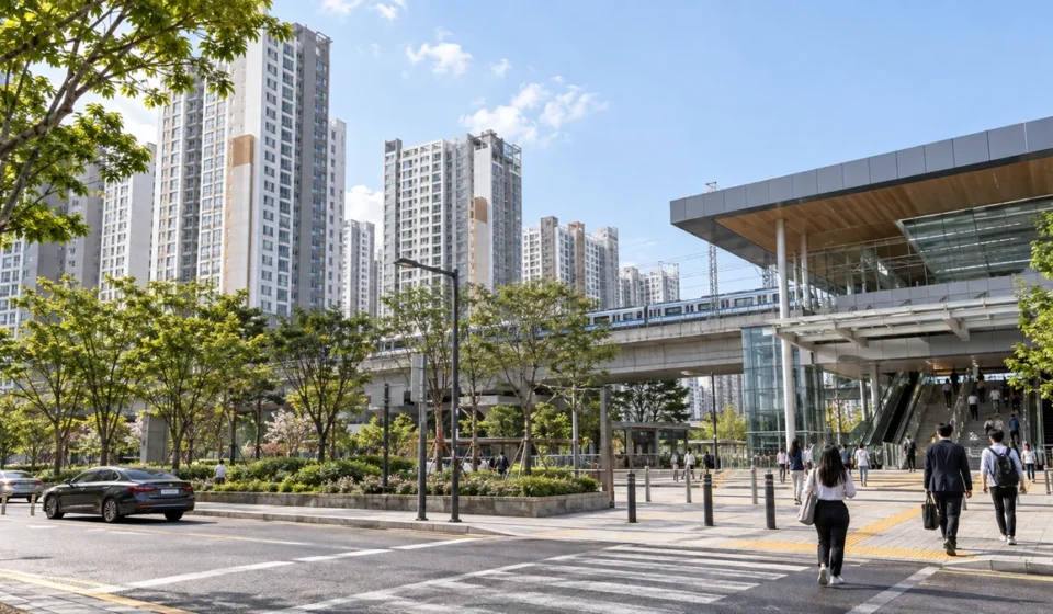 수원 주거지역과 대중교통 시설이 함께 보이는 전경