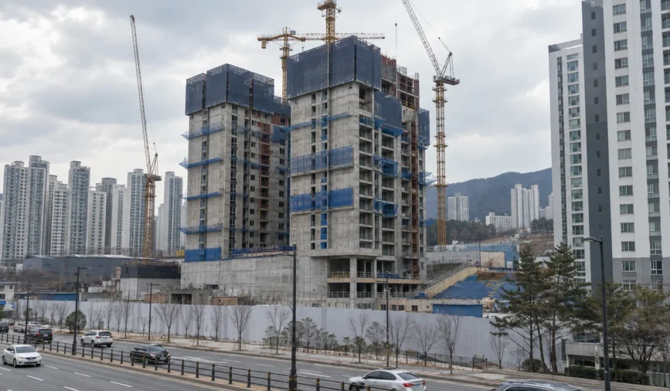 도심의 아파트 공사 현장과 크레인이 보이는 풍경