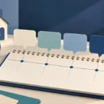 경매 명도 연락기록의 기록 순서를 보여 주는 파란 문서와 주택 모형