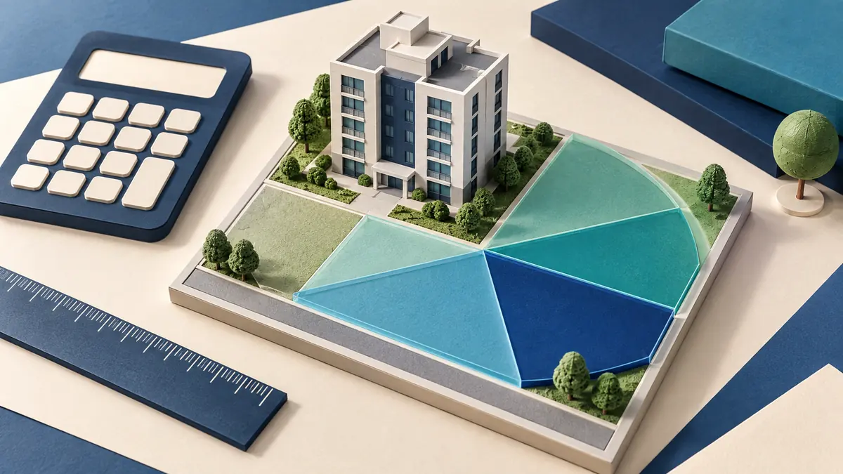 대지권 비율 계산의 기록 순서를 보여 주는 파란 문서와 주택 모형