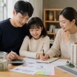 가족이 내 집 마련 예산과 저축 계획을 세우는 모습