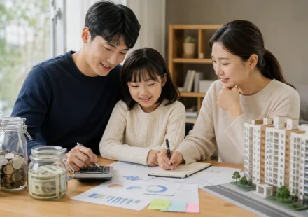 가족이 내 집 마련 예산과 저축 계획을 세우는 모습