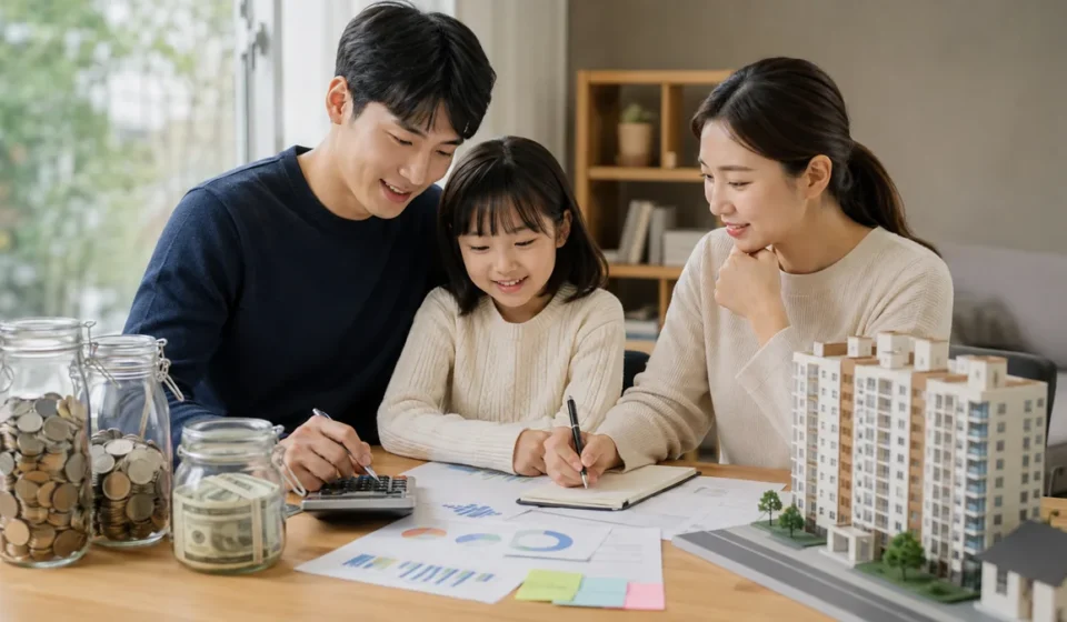 가족이 내 집 마련 예산과 저축 계획을 세우는 모습