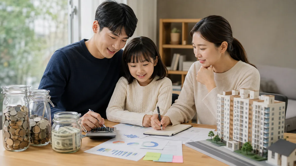 가족이 내 집 마련 예산과 저축 계획을 세우는 모습