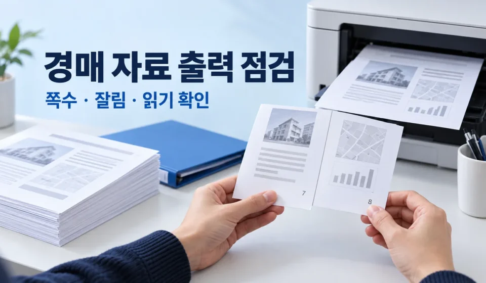 프린터와 파란 폴더 옆에서 출력한 경매 분석자료의 쪽 순서와 모서리를 대조하는 장면