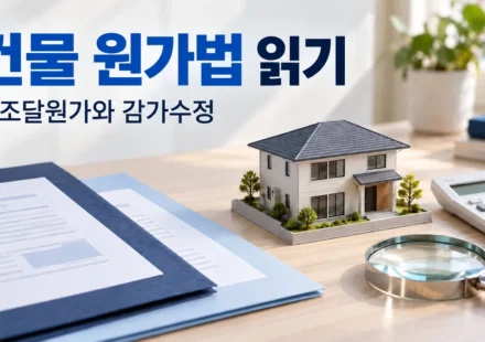 건물 원가법 읽기와 재조달원가·감가수정 제목 아래 건물 모형, 문서 폴더와 계산기