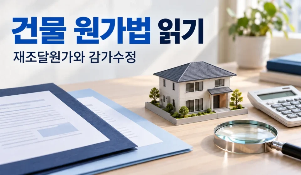 건물 원가법 읽기와 재조달원가·감가수정 제목 아래 건물 모형, 문서 폴더와 계산기