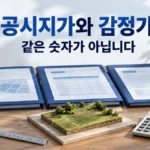 공시지가와 감정가를 구분하는 제목 아래 파란 문서 폴더와 토지 모형, 자와 계산기