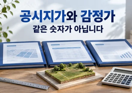 공시지가와 감정가를 구분하는 제목 아래 파란 문서 폴더와 토지 모형, 자와 계산기