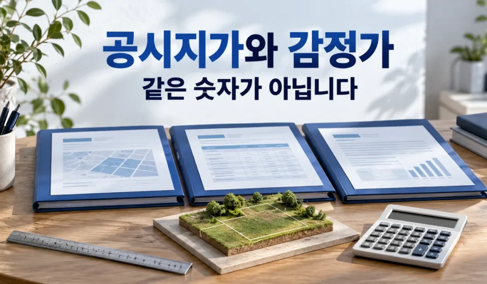 공시지가와 감정가를 구분하는 제목 아래 파란 문서 폴더와 토지 모형, 자와 계산기