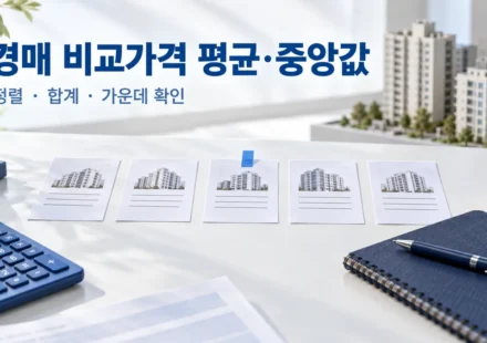 파란 계산기와 다섯 장의 가상 아파트 기록 카드, 가운데 카드를 표시한 평균·중앙값 설명 장면