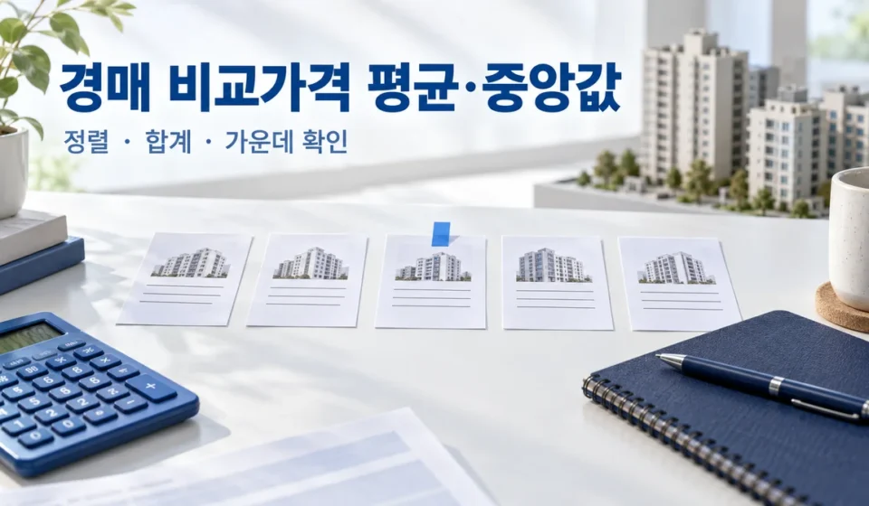 파란 계산기와 다섯 장의 가상 아파트 기록 카드, 가운데 카드를 표시한 평균·중앙값 설명 장면