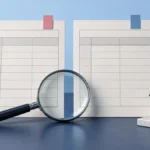 두 장의 등기 기록과 돋보기로 가압류와 경매개시결정 날짜를 대조하는 설명 이미지