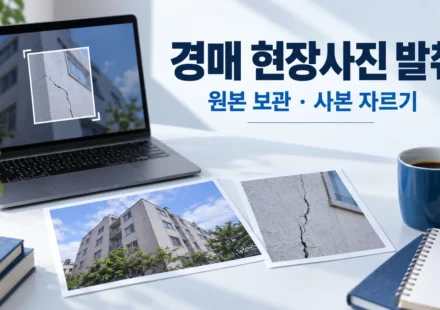 노트북의 추상적인 사진 편집 화면과 건물 전체 사진·벽면 일부 사진을 나란히 놓은 설명 장면