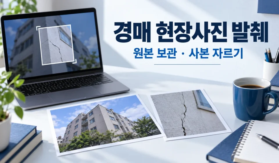 노트북의 추상적인 사진 편집 화면과 건물 전체 사진·벽면 일부 사진을 나란히 놓은 설명 장면