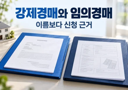 강제경매와 임의경매를 신청 근거로 구분하는 제목 아래 두 문서 폴더와 주택 모형