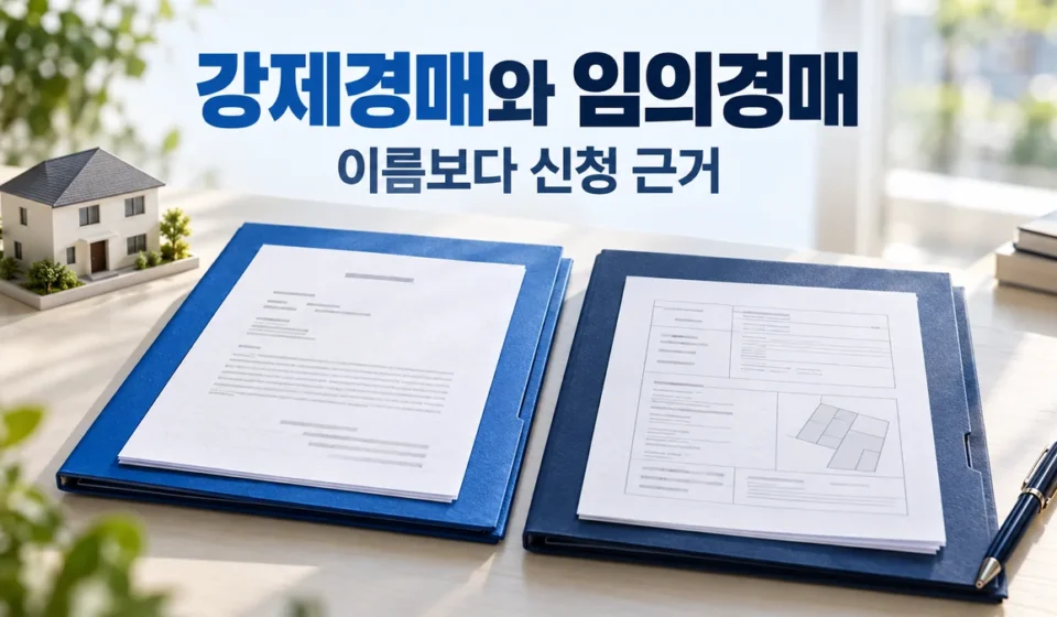강제경매와 임의경매를 신청 근거로 구분하는 제목 아래 두 문서 폴더와 주택 모형